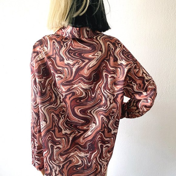 Swirl Print Button Up Blouse | Silky Blouse | Psychedelic Shirt | Funky Blouse S - Picture 7 of 9